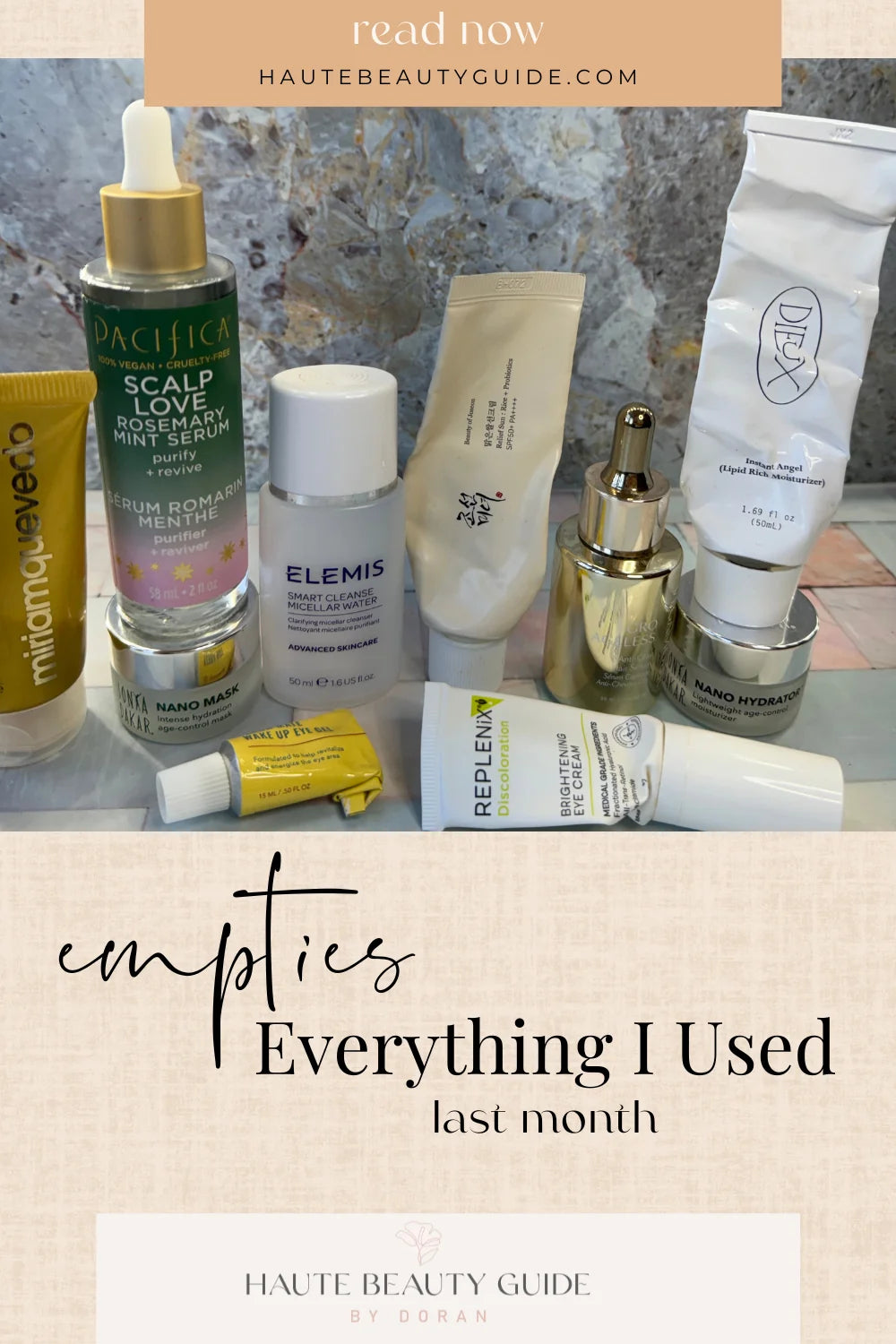 empty skincare products on a counter ft elemis, replenix, nano mask and pacifica beauty