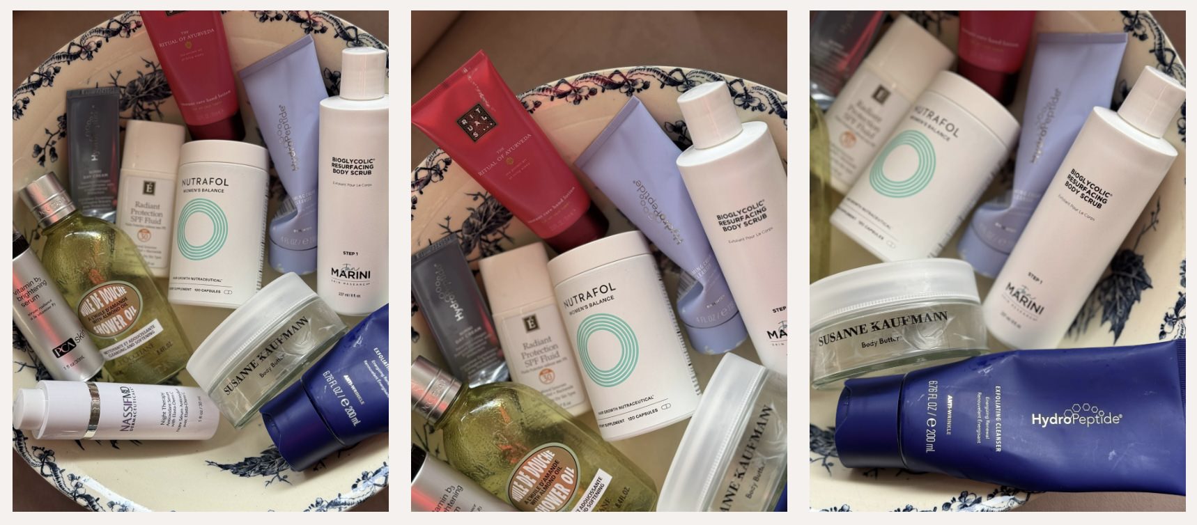 a bunch of empty skincare in a bowl ft nutrafol, hydropeptide, rituals, eminence and l'occitane