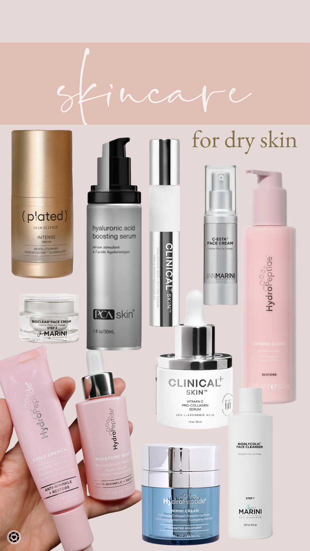 a collage of skincare products for dry skin. ft plated, pca skin, hydropeptide and marini skin