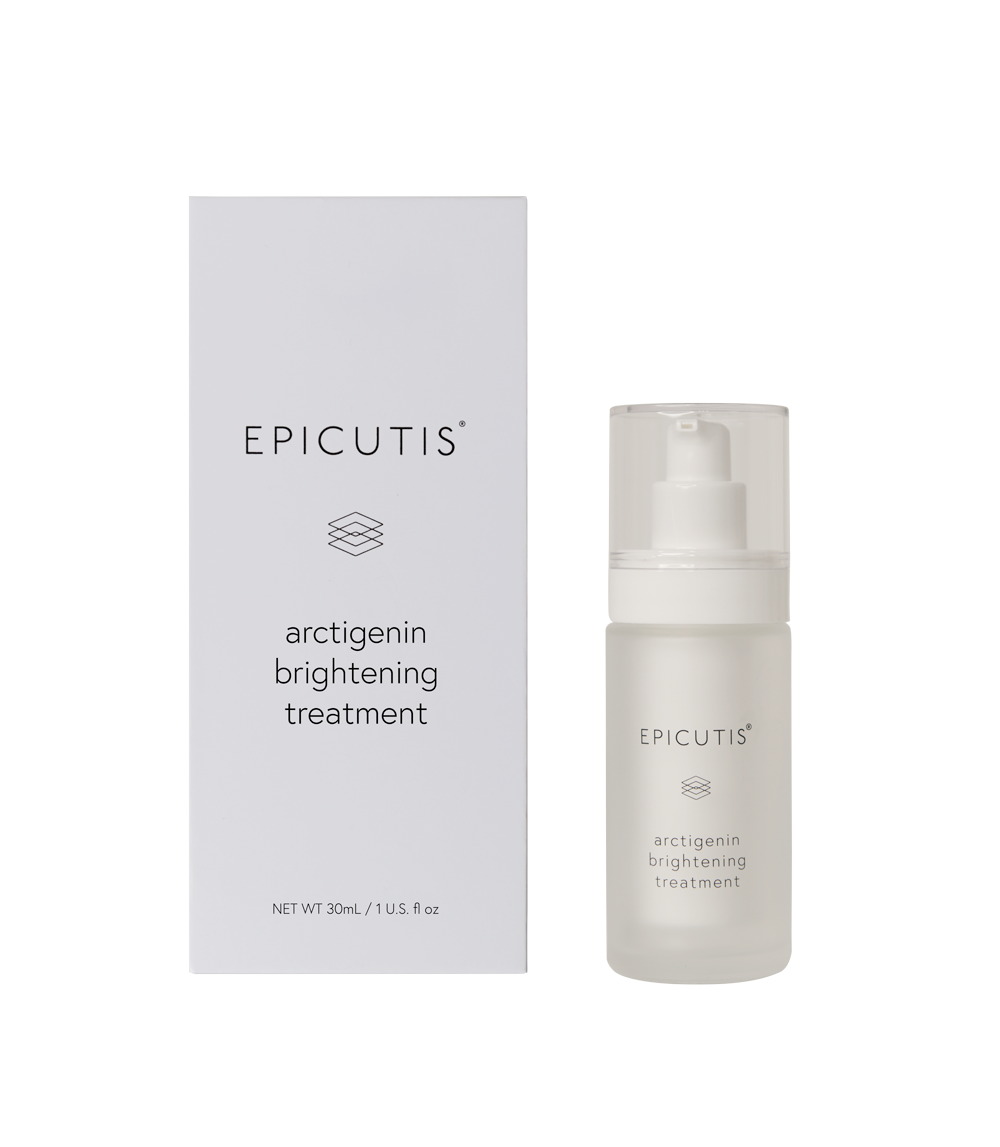 bottle of Arctigenin brightening treatment on a blank background. Box is next to the bottle.