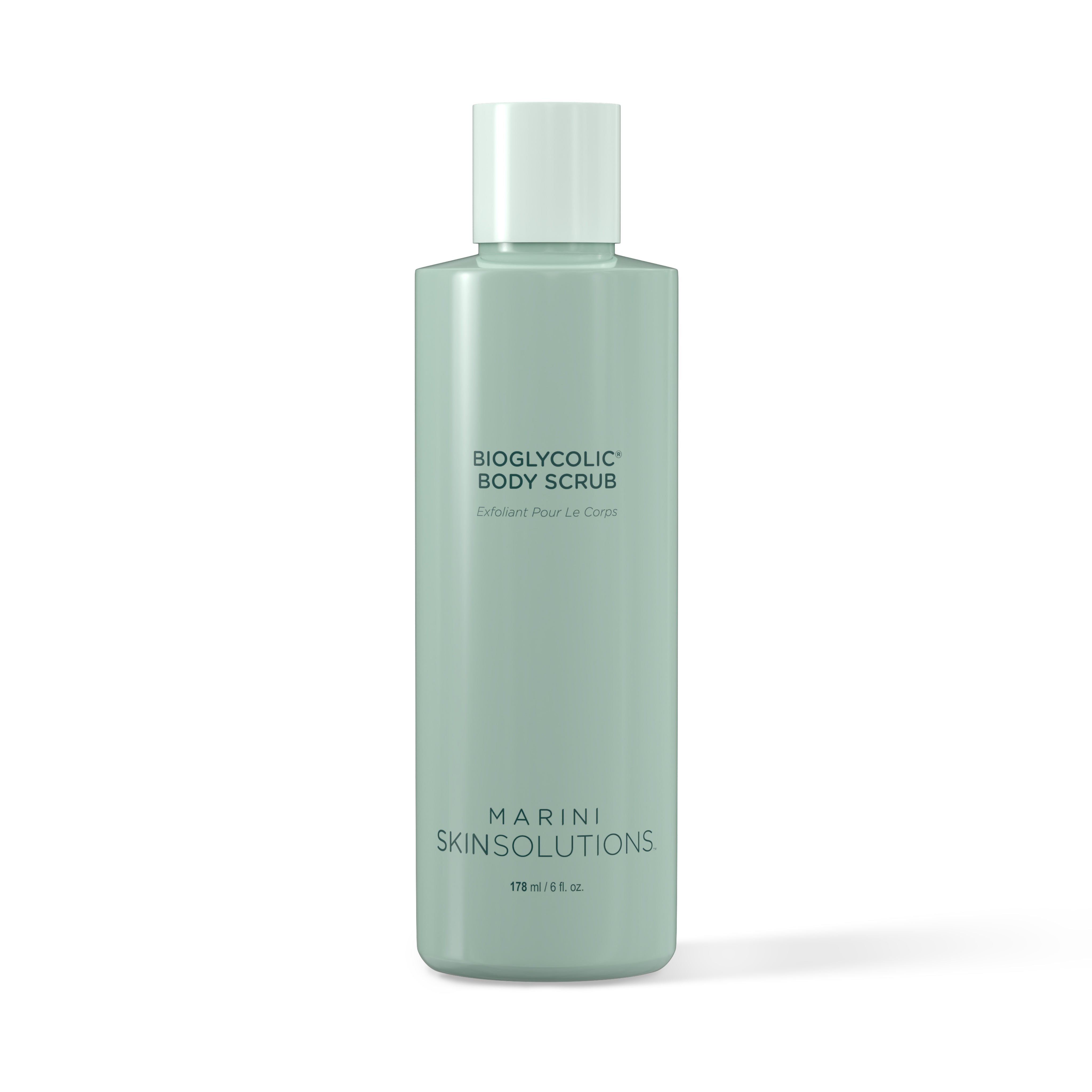 Green bottle of Bioglycolic Face Cleanser by Marini Skinsolutions on a white background