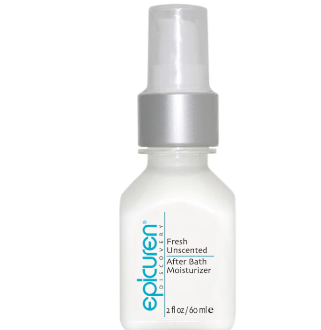 A white bottle of Epicuren Fresh Unscented After Bath Moisturizer with a silver spray cap, shown on a plain white background.