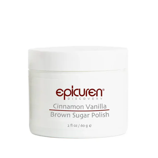 A white plastic jar of Epicuren Discovery Cinnamon Vanilla Brown Sugar Polish with dark brown and gray text on a clean white background.