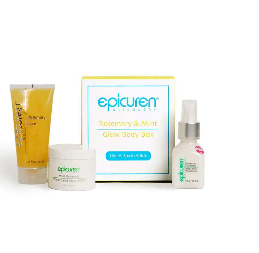 Epicuren Discovery Rosemary & Mint Glow Body Box set containing a rosemary hair growth shampoo tube, a jar of rose sand body polish, and a glow body spray, displayed in front of its yellow and white box on a white background.