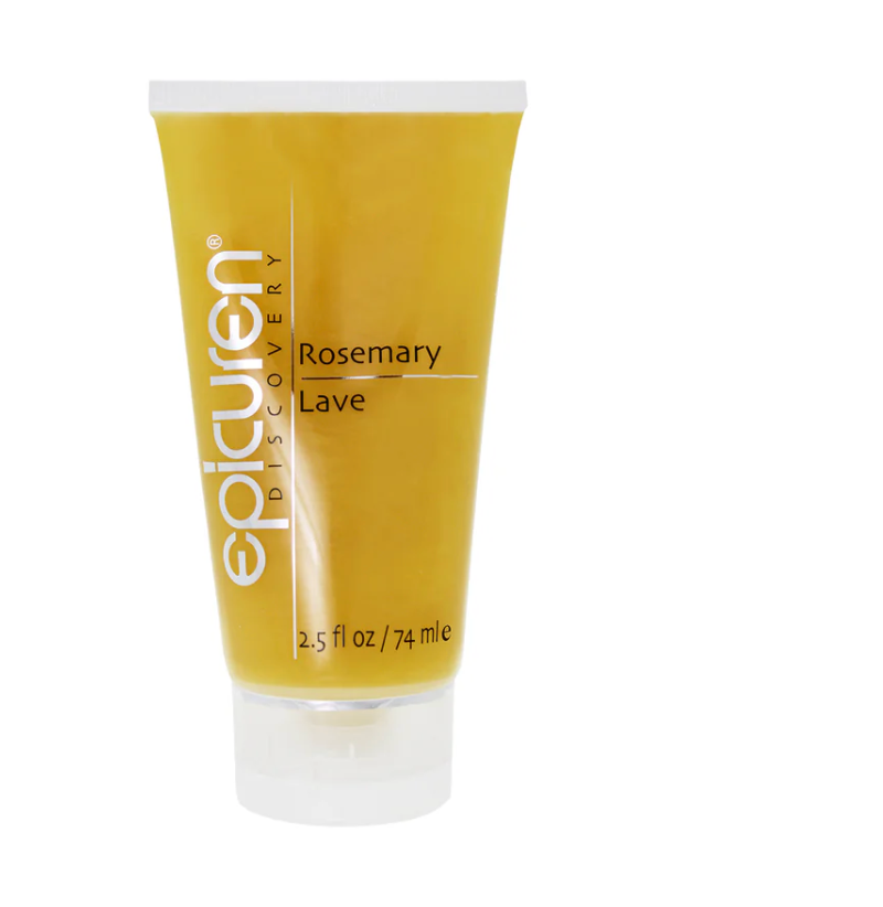 A squeeze tube of Epicuren Discovery Rosemary and Lavender body product, featuring a golden-yellow body with a white cap, on a plain white background.