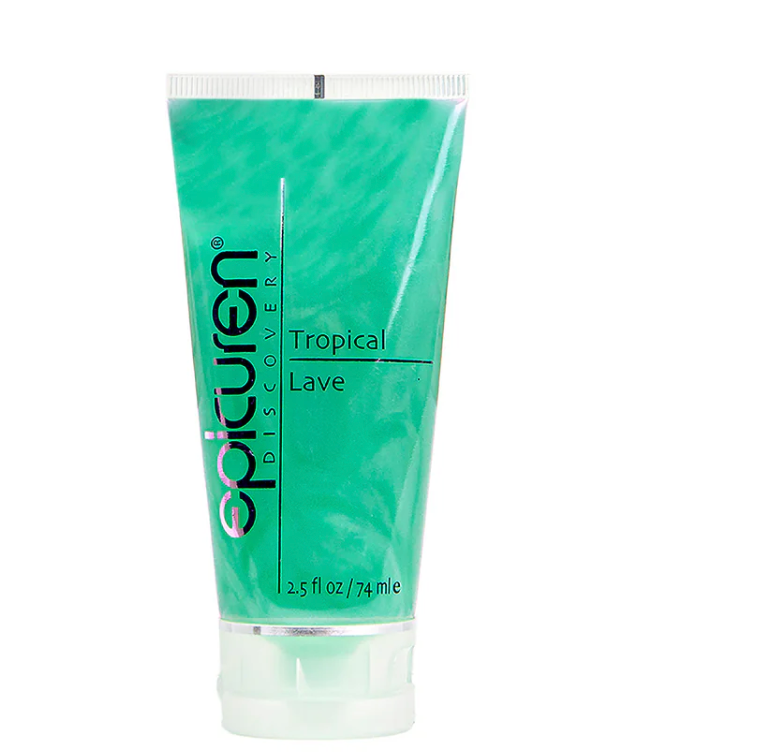A squeeze tube of Epicuren Discovery Tropical Lavender body wash, featuring a textured mint green body with a clear cap, set against a plain white background.