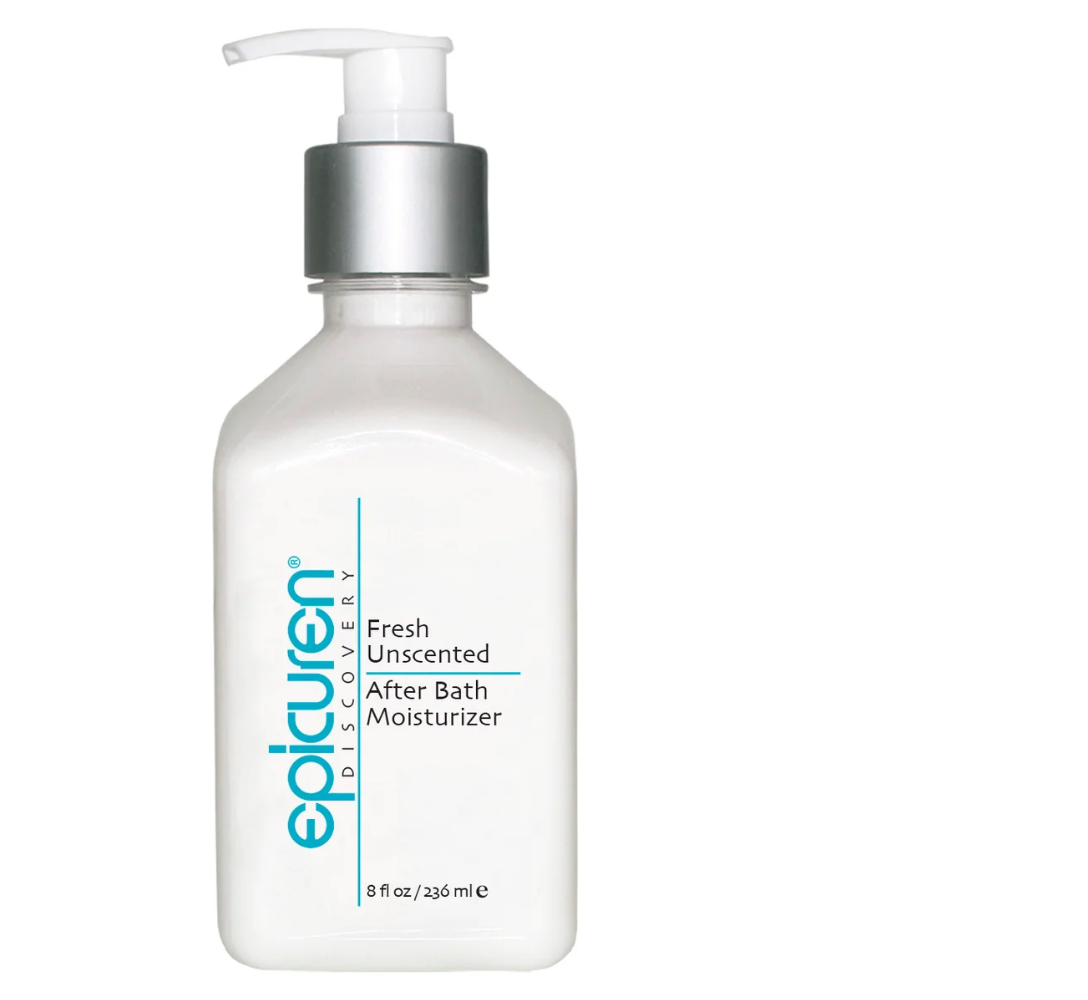 A white pump bottle of Epicuren After Bath Moisturizer, Fresh Unscented, with a silver pump collar and a blue vertical logo on a white background.