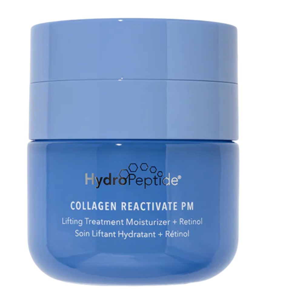 Blue jar of HydroPeptide Collagen Reactivate PM moisturizer on a white background