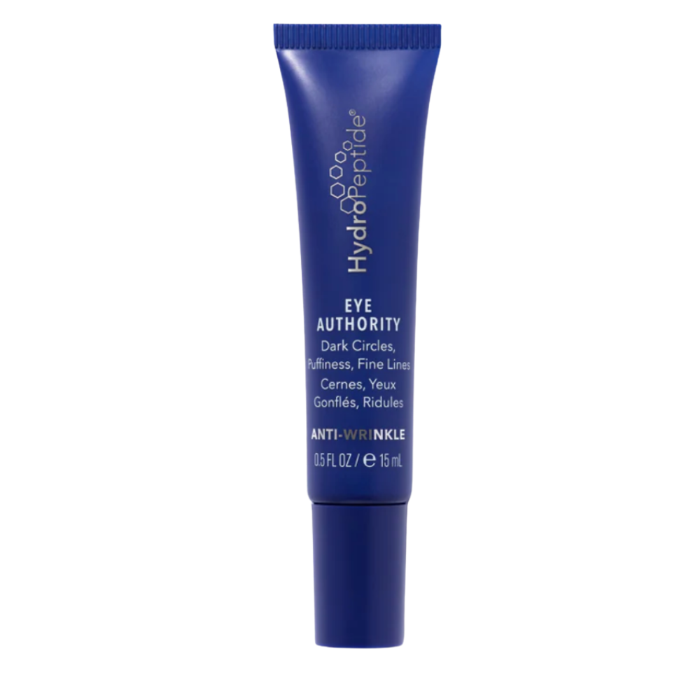 Blue eye cream tube labeled 'Eye Authority' on a white background
