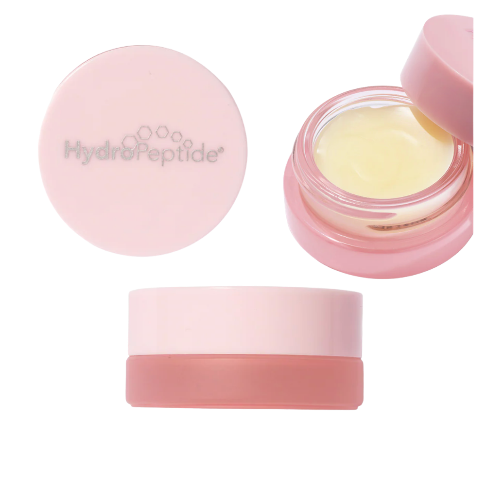 Pink lip balm container with a Hydropeptide logo on a white background