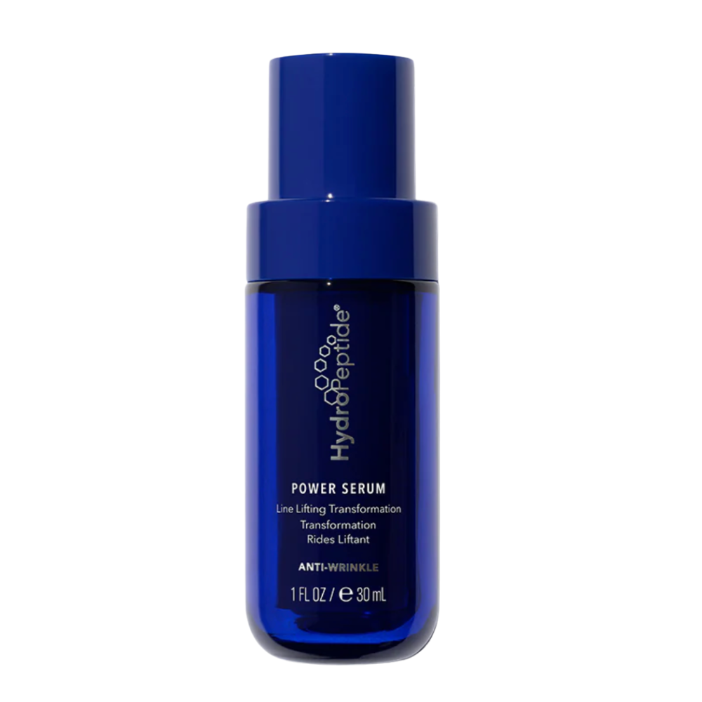 Blue serum bottle with visible text on a white background. Hydropeptide Power Serum bottle with cap.