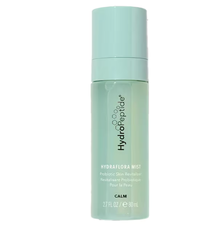 Hydropeptide Hdyraflora Mist on a white background. Aqua colored pump mist bottle.