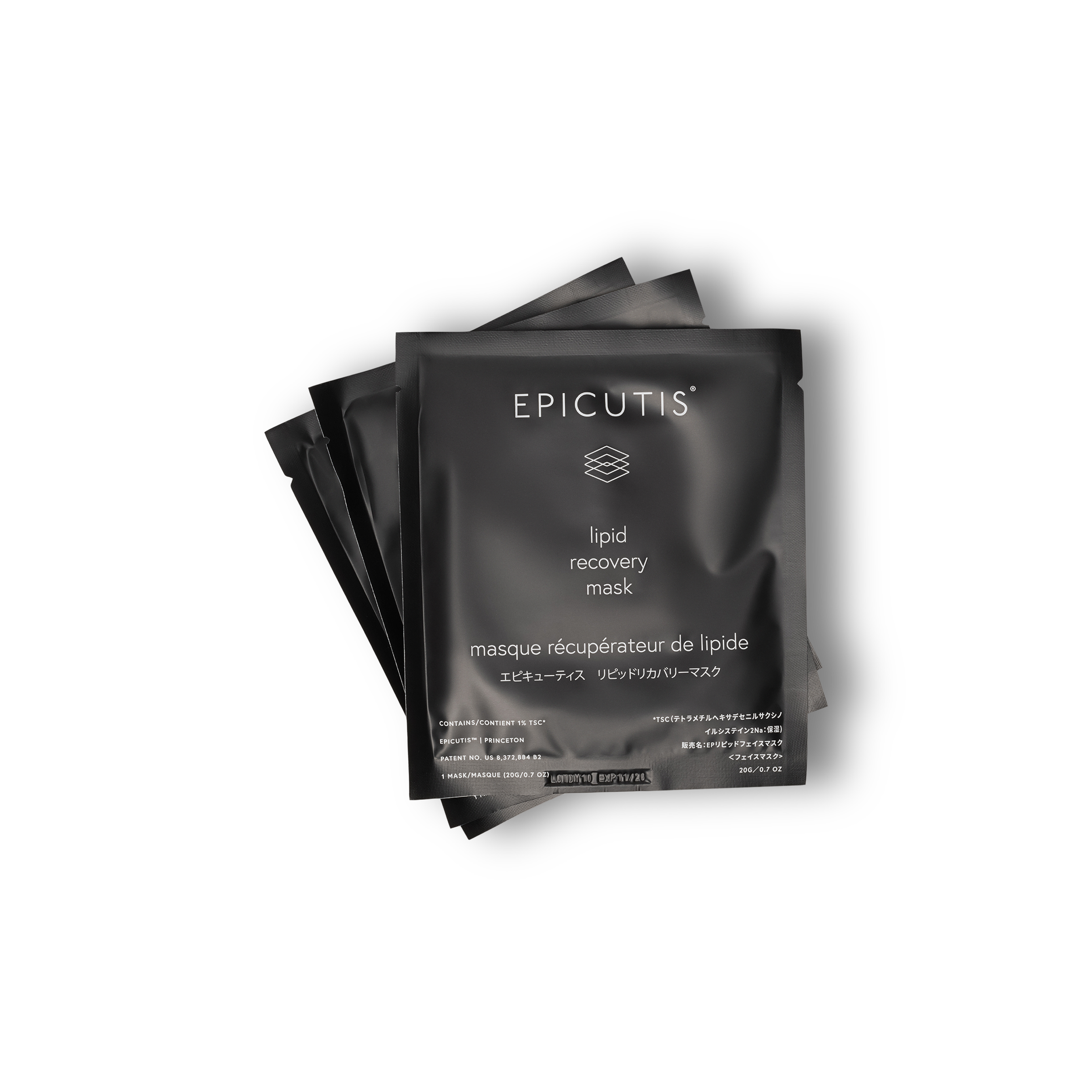 Epicutis Lipid Recovery Mask in a black tear pouch. 3 sachets stacked on top of each other. Mask is available at the Dunes in Marina California