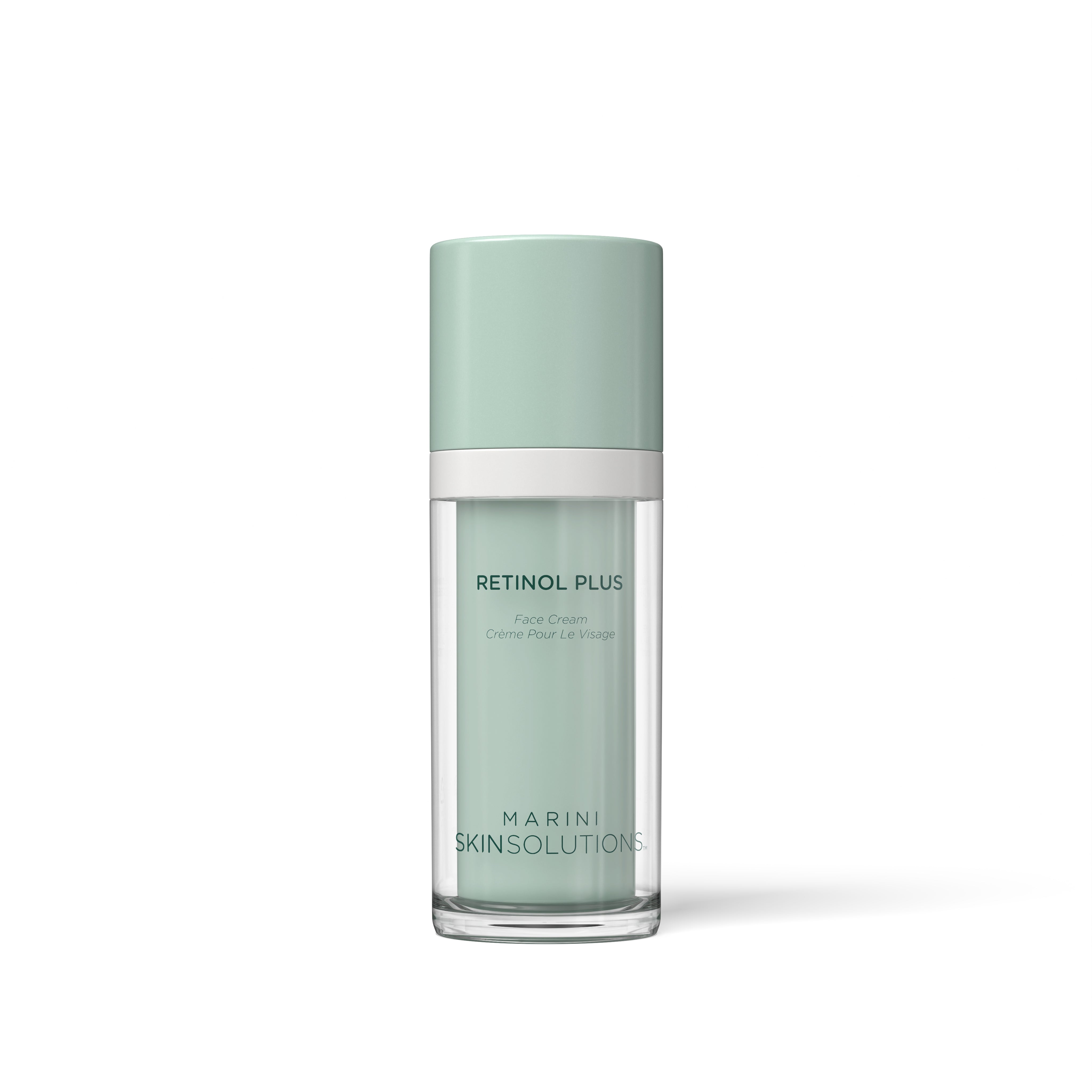 Skincare bottle labeled 'Retinol Plus ' by 'Marini Skinsolutions' on a white background