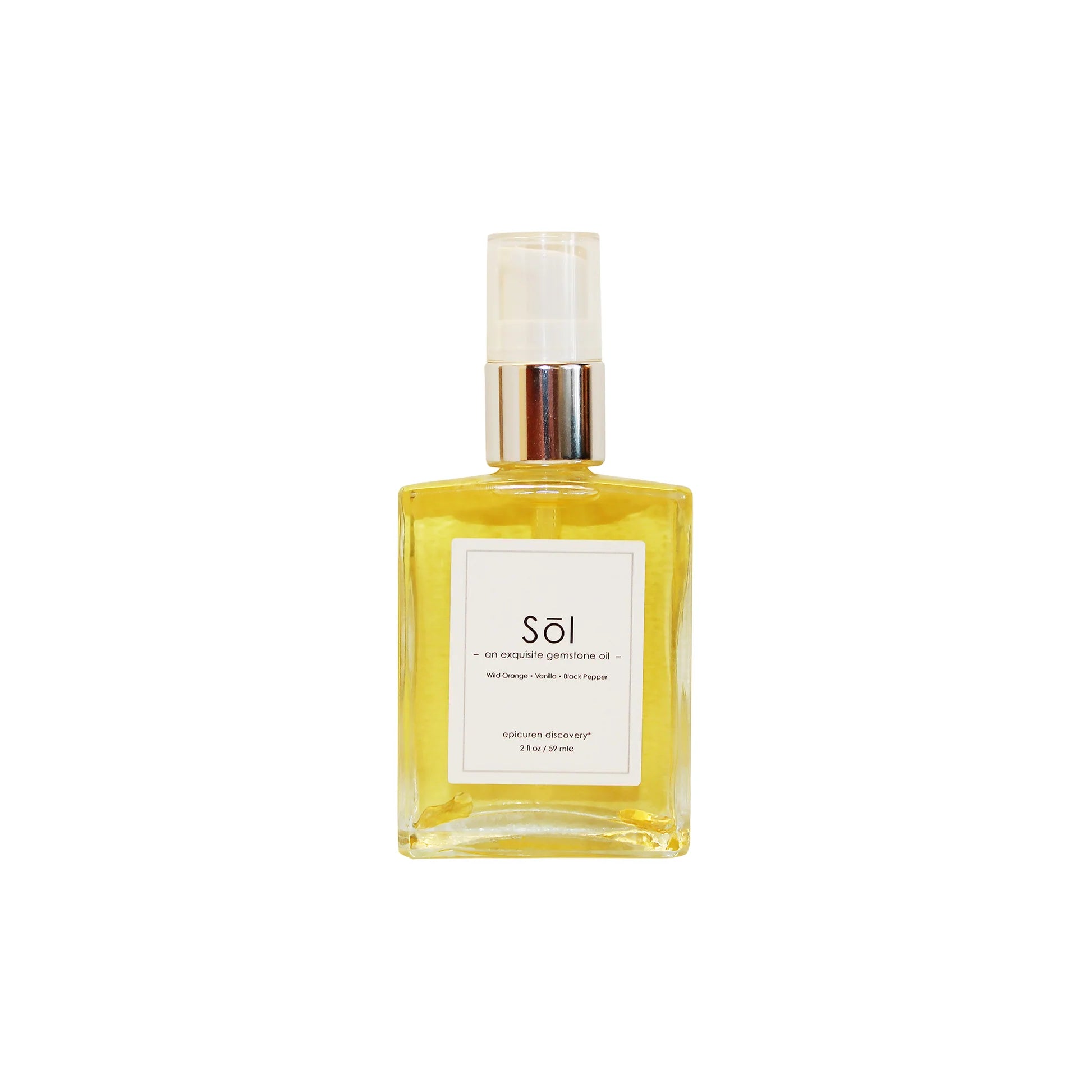 Yellow bottle of 'Sol' body oil on a white background