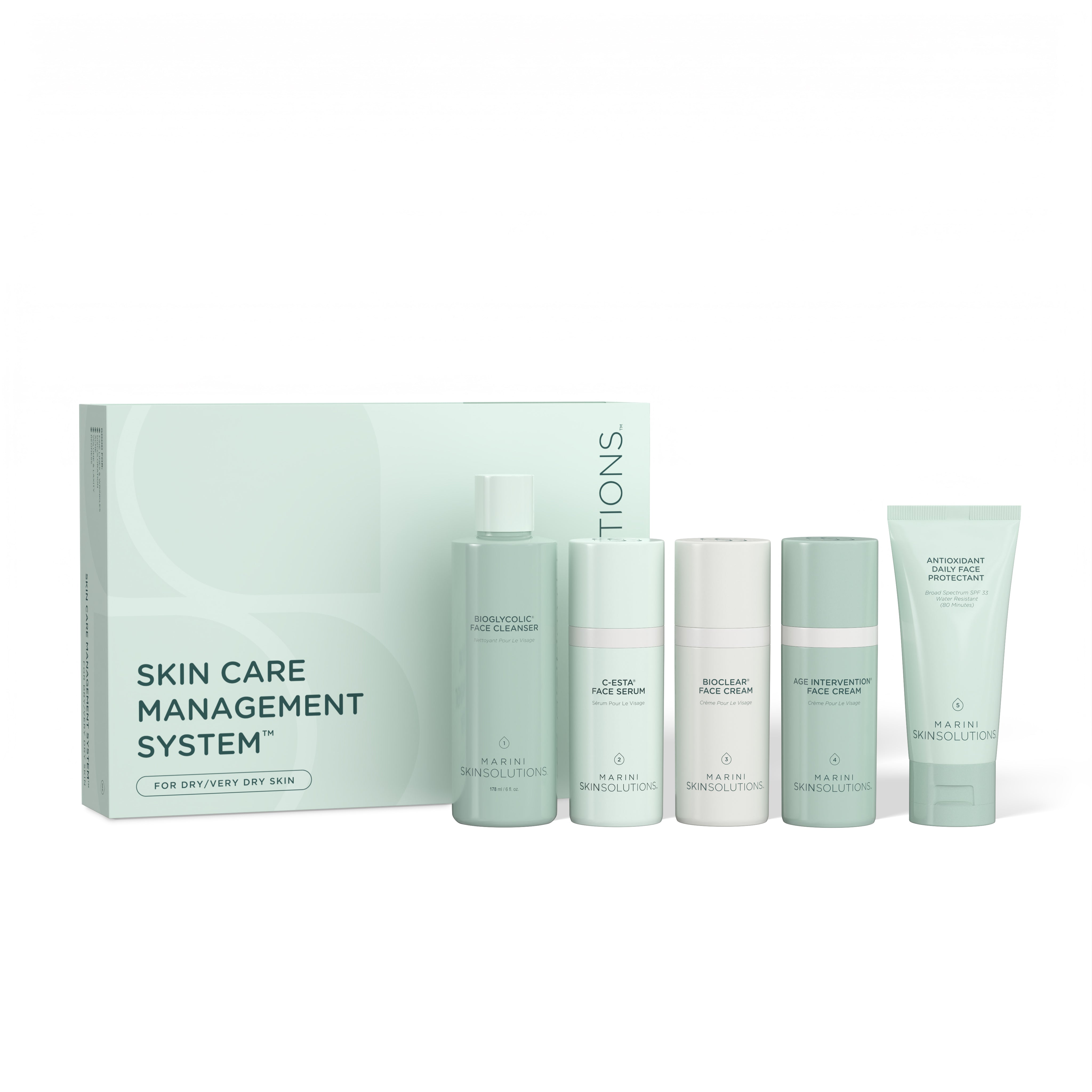 Skincare product set with packaging on a white background