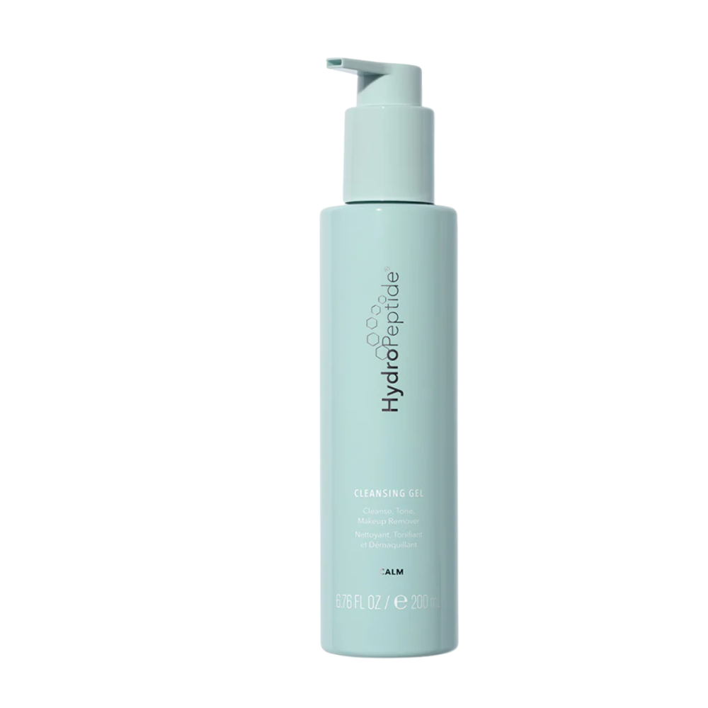 Skincare bottle labeled 'HydroPeptide' on a white background. Cleansing gel face wash.