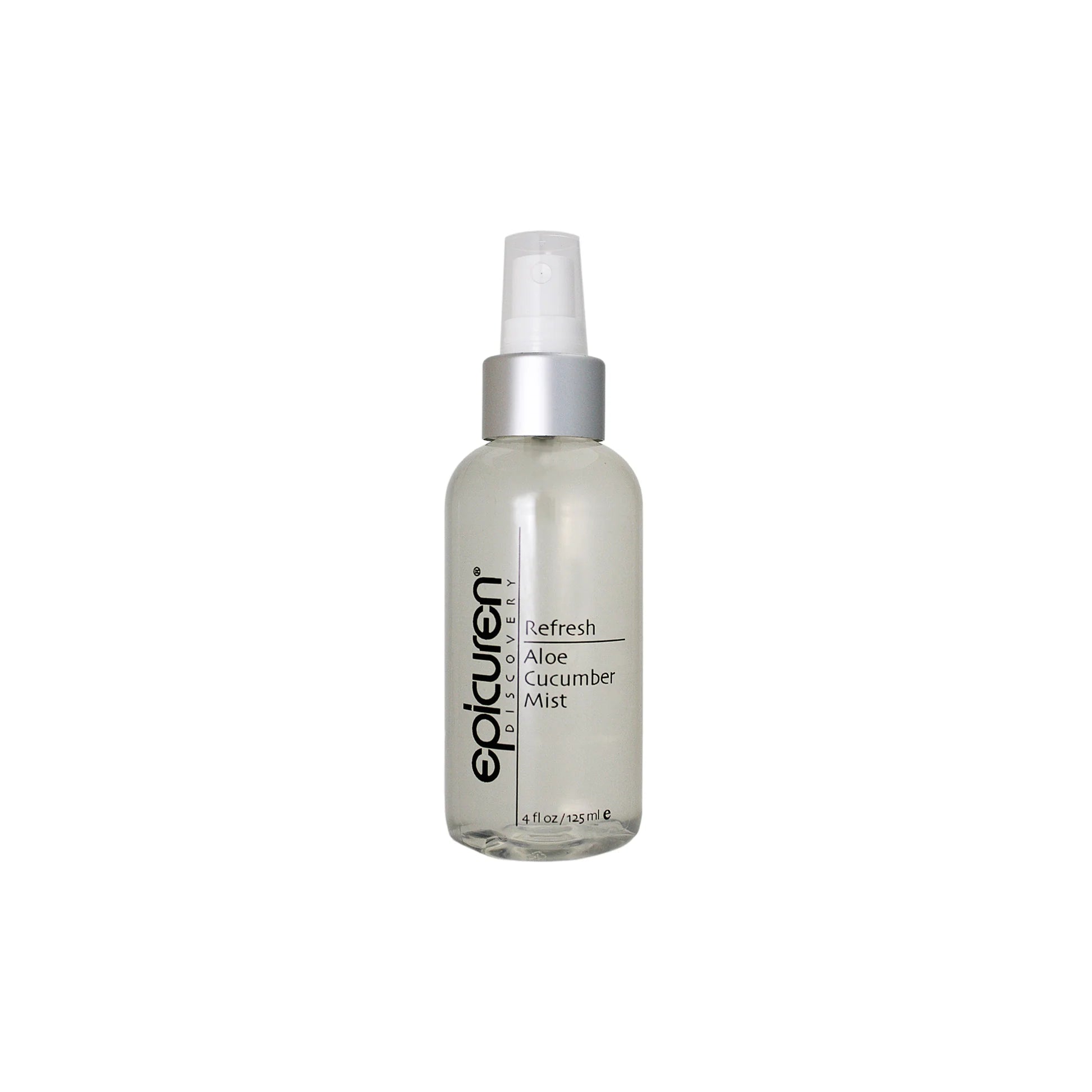 A clear plastic spray bottle of epicuren Refresh Aloe Cucumber Mist with a silver pump and white cap, shown on a plain white background.