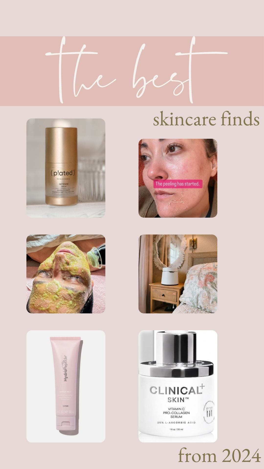 collage of skincare products and treatments ft VI Peel, Plated Skin, Clinical Skin, Hydropeptide and Glo2Facial