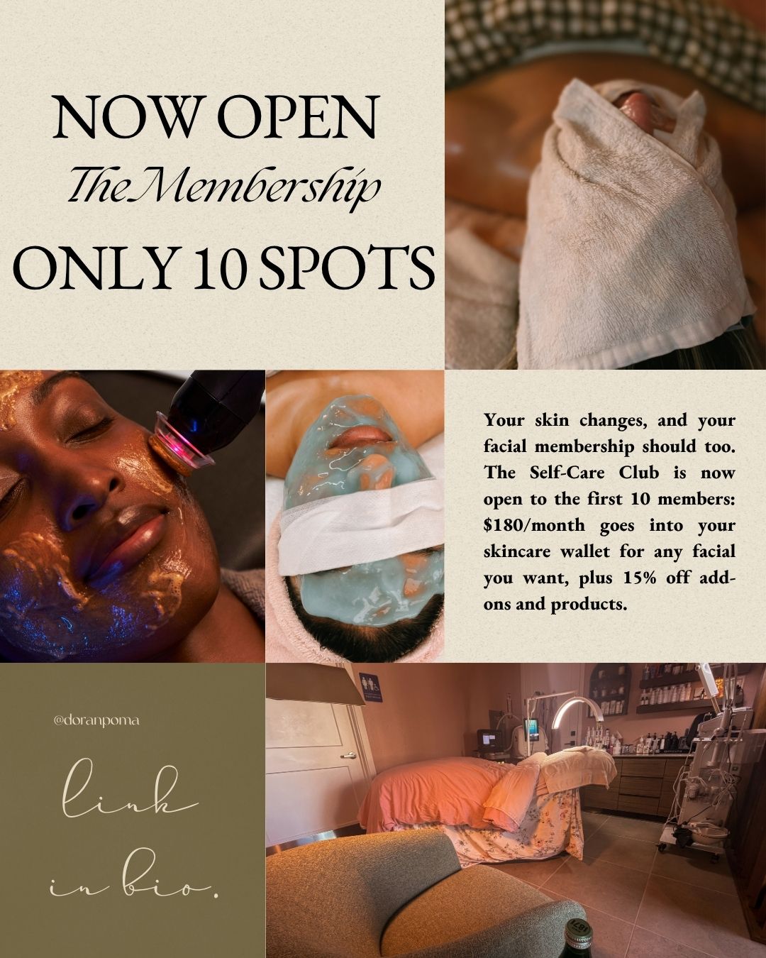 Collage announcing The Self-Care Club, a monthly facial membership at Doran Poma Aesthetics, showing a client wrapped in a warm towel, an LED facial, a Hydrafacial treatment, and the Marina, CA treatment room, with text noting $180/month and limited to 10