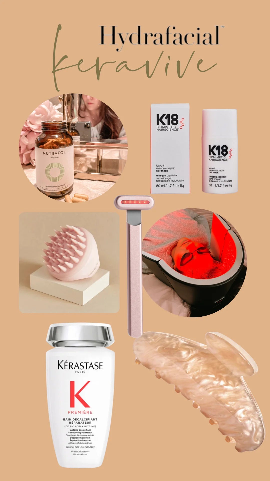 collage of haircare and scalp products ft. k18, vegamour, lightstim, kerastase and nutrafol