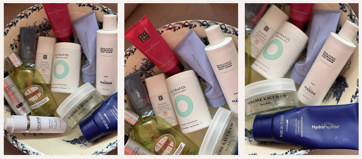 a bunch of empty skincare in a bowl ft nutrafol, hydropeptide, rituals, eminence and l'occitane