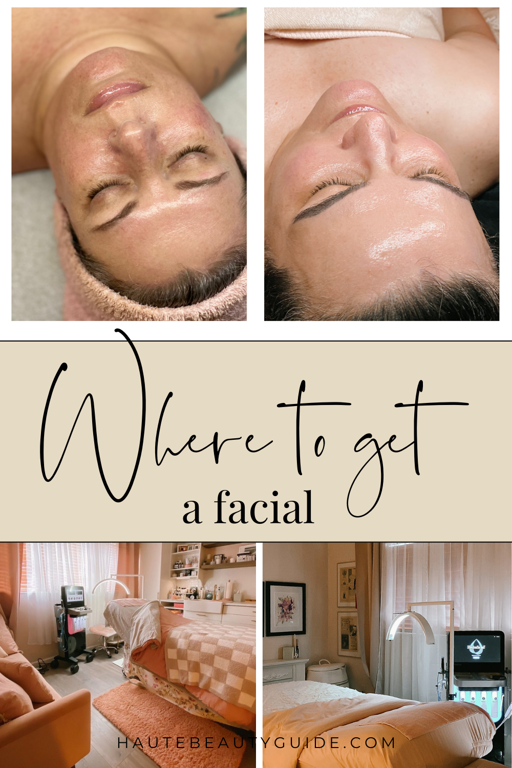 collage of facials.  top left is a woman about to receive a facial.  top right is a woman post facial.  the botton left and right are pink facial rooms bed and facial machines are in the photo.