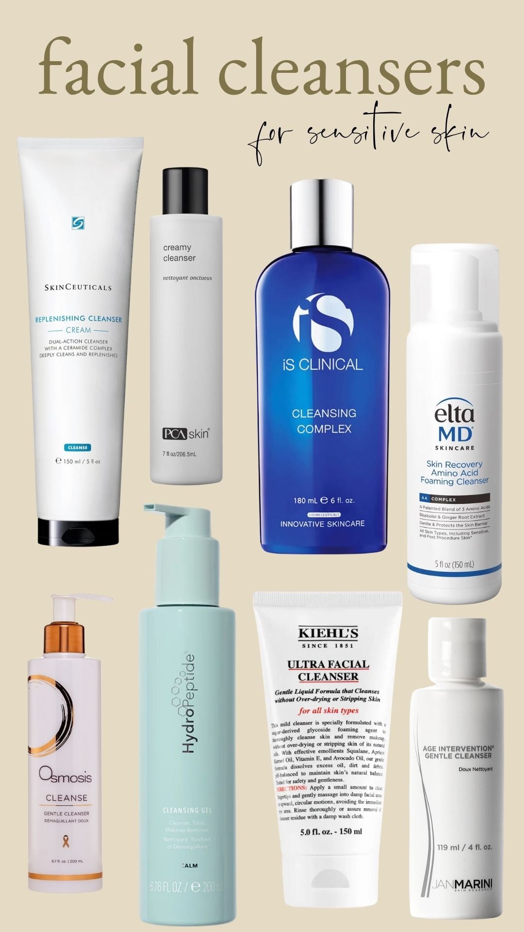a collage of gentle cleansers for sensitive skin.  Ft elta md, is clinical, pca skin, hydropeptide, skincueticals