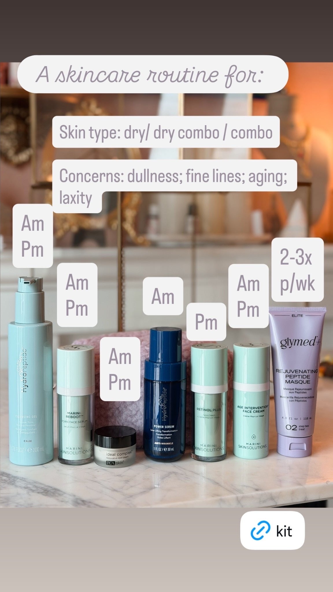 Professional anti-aging skincare routine for dry and combination skin featuring HydroPeptide, Jan Marini, PCA Skin, and GlyMed Plus products to improve dullness, fine lines, and skin firmness.