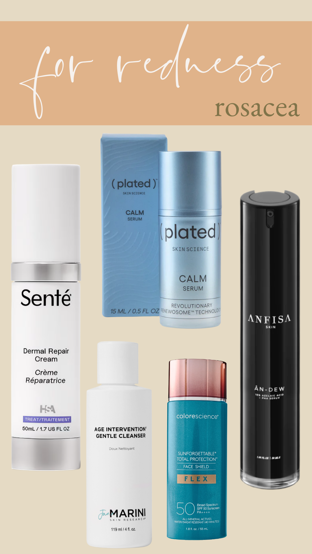 a collage of skincare products for rosacea skin. ft sente, marini skin, Plated Calm, Anifisa and colorscience