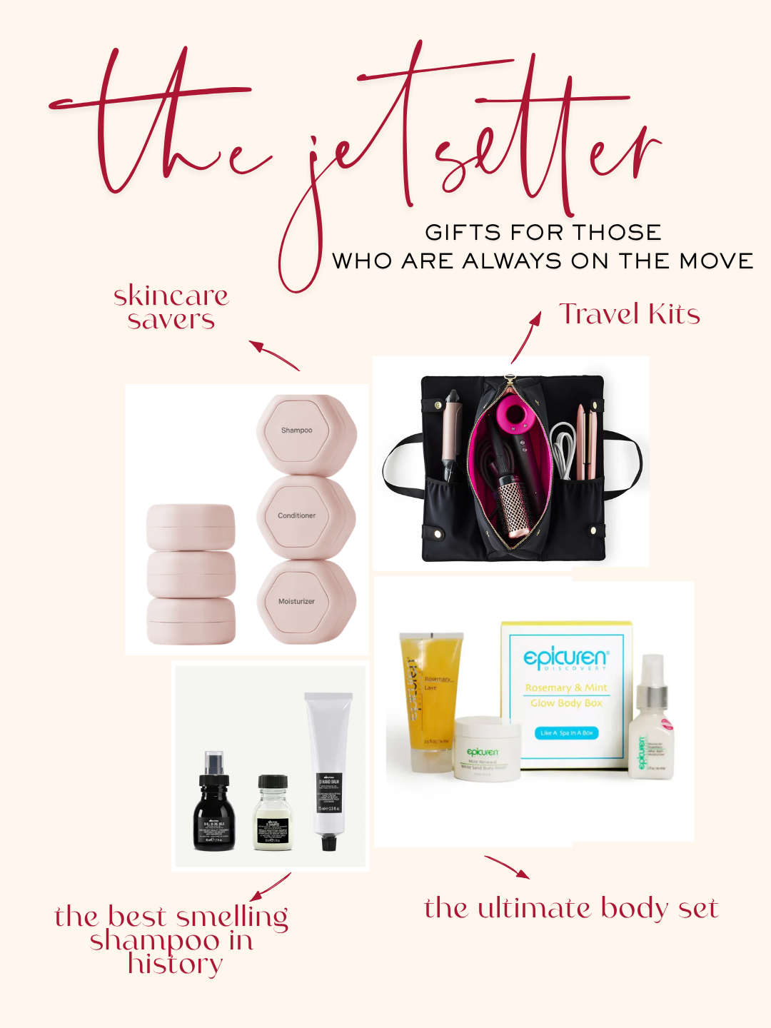 The Jetsetter gift guide of travel beauty gifts, including pink leakproof skincare capsules, a hair tool travel case, a Davines OI travel set and the Epicuren Rosemary & Mint Glow Body Box