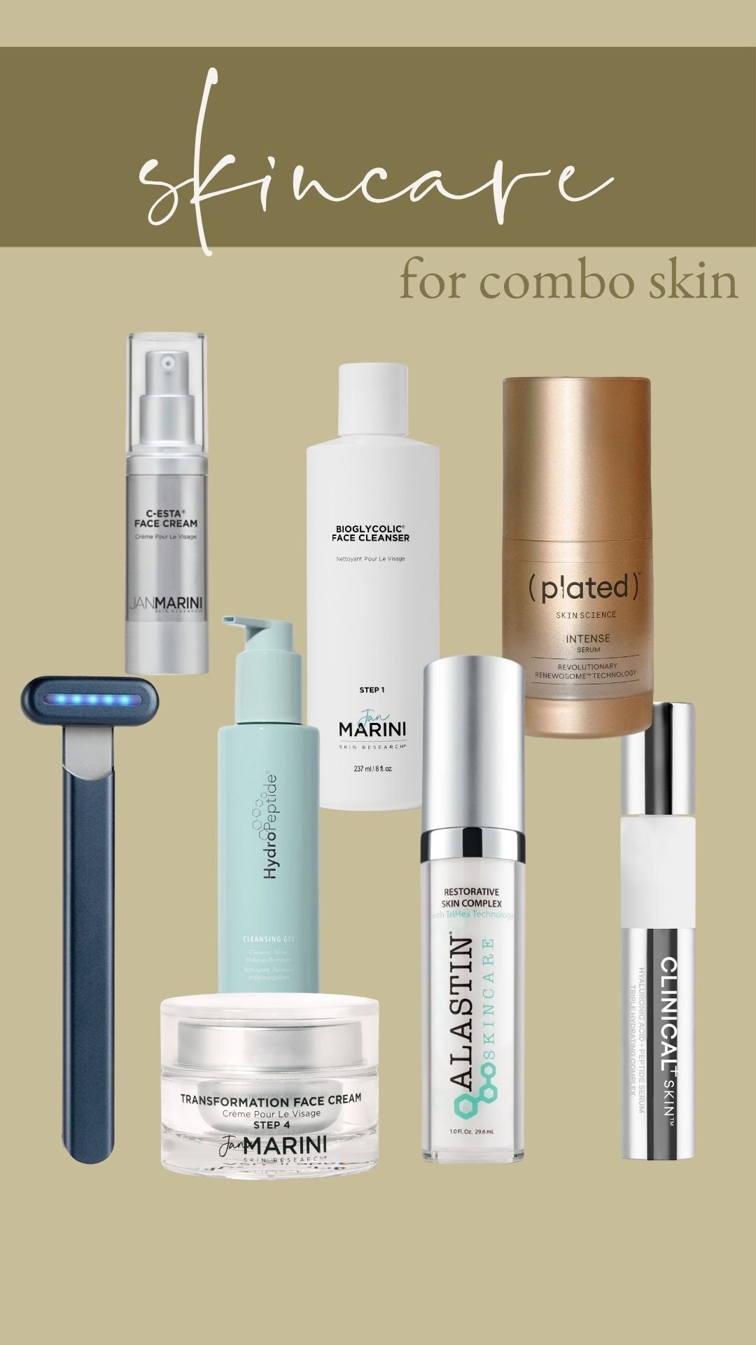 a collage of skincare products for combination skin.  ft marini skin, plated, alastin, clinical skin and hydropeptide