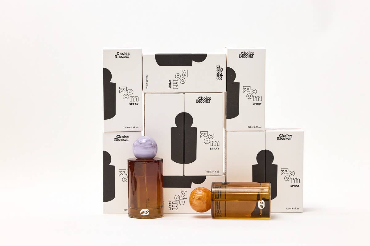 Perfume bottles and packaging with a white background
