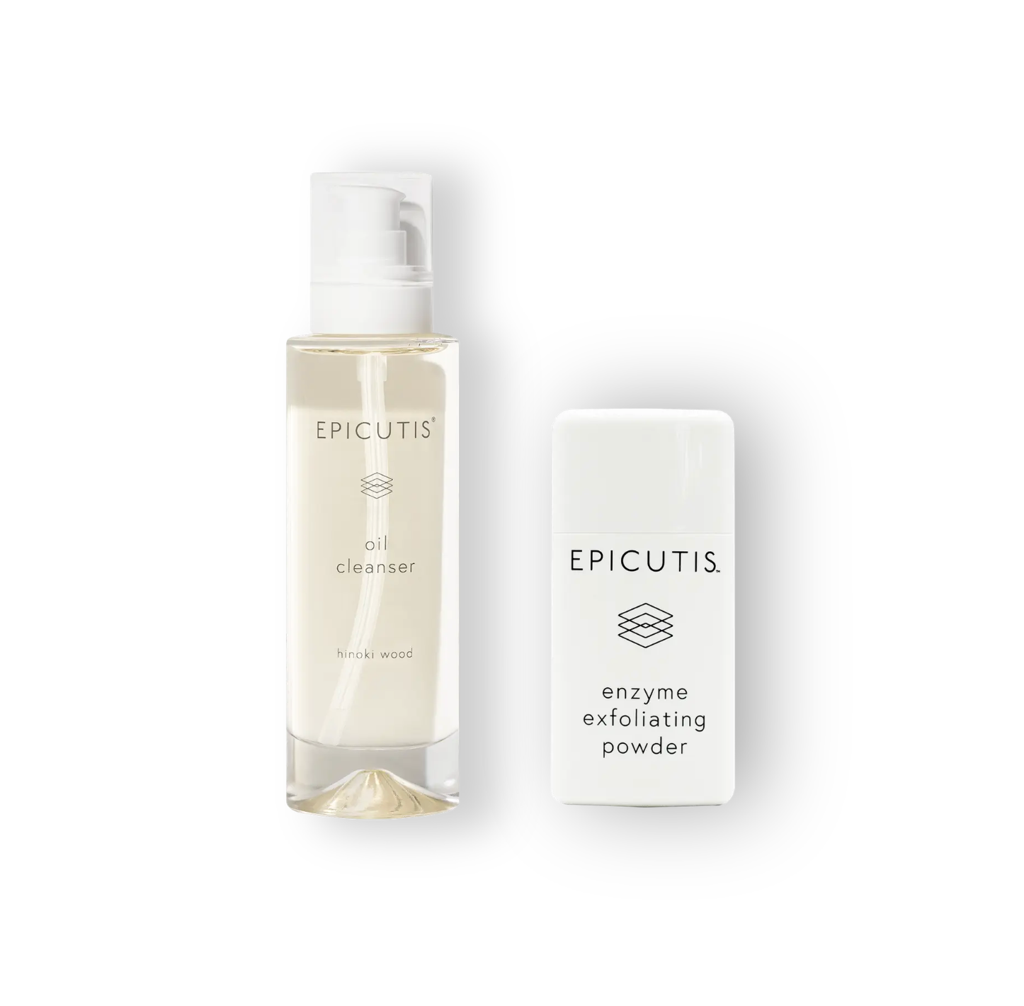 Two skincare products from Epicutis on a white background oil cleanser and enzyme exfoliating powder. 