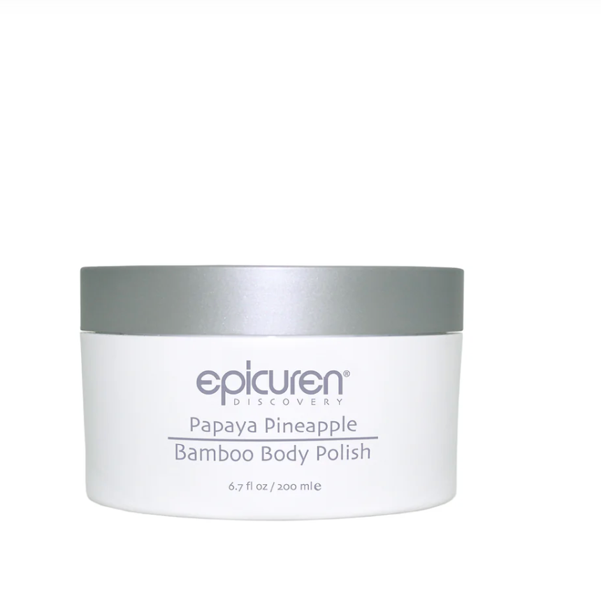 A white cosmetic jar of Epicuren Discovery Bamboo Body Polish with a silver lid, labeled 'Papaya Pineapple' on a plain white background.