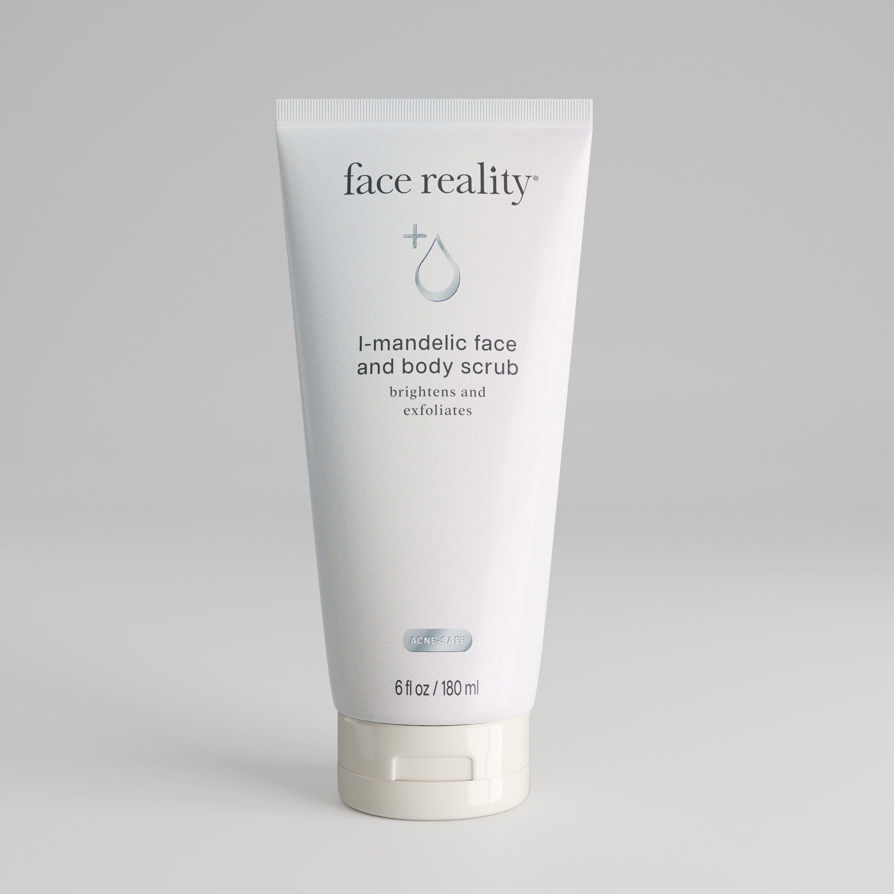 Tube of 'face reality' i-mandelic face and body scrb on a gray background