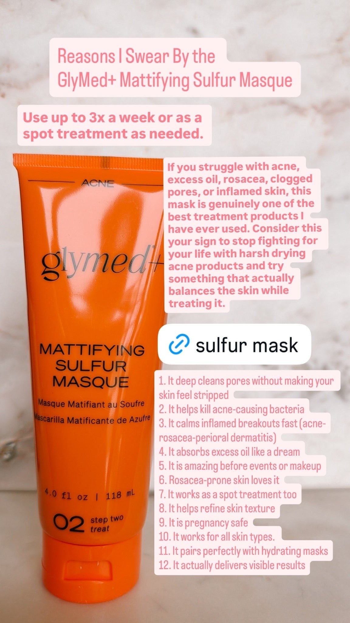 GlyMed Mattifying Sulfur Masque tube with product description text on a light gray background