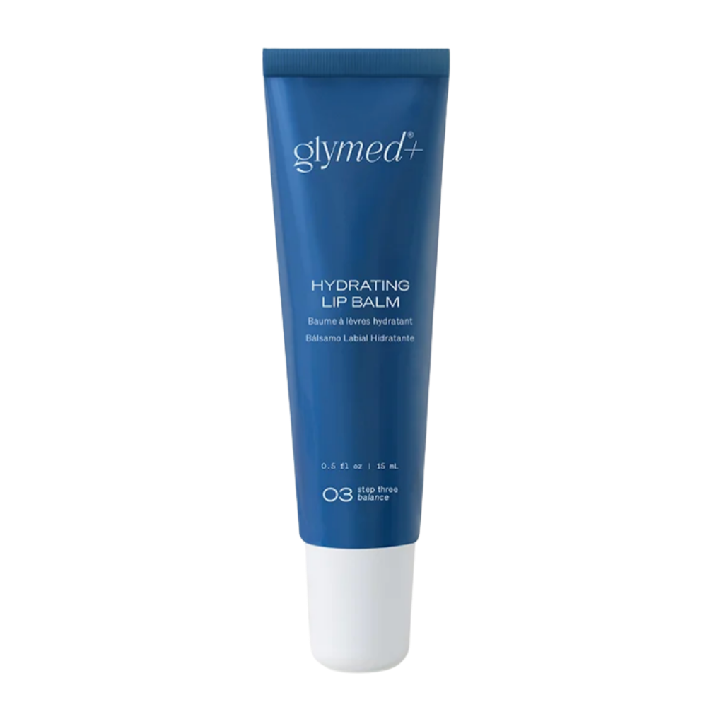 Blue lip balm tube with white cap on a white background