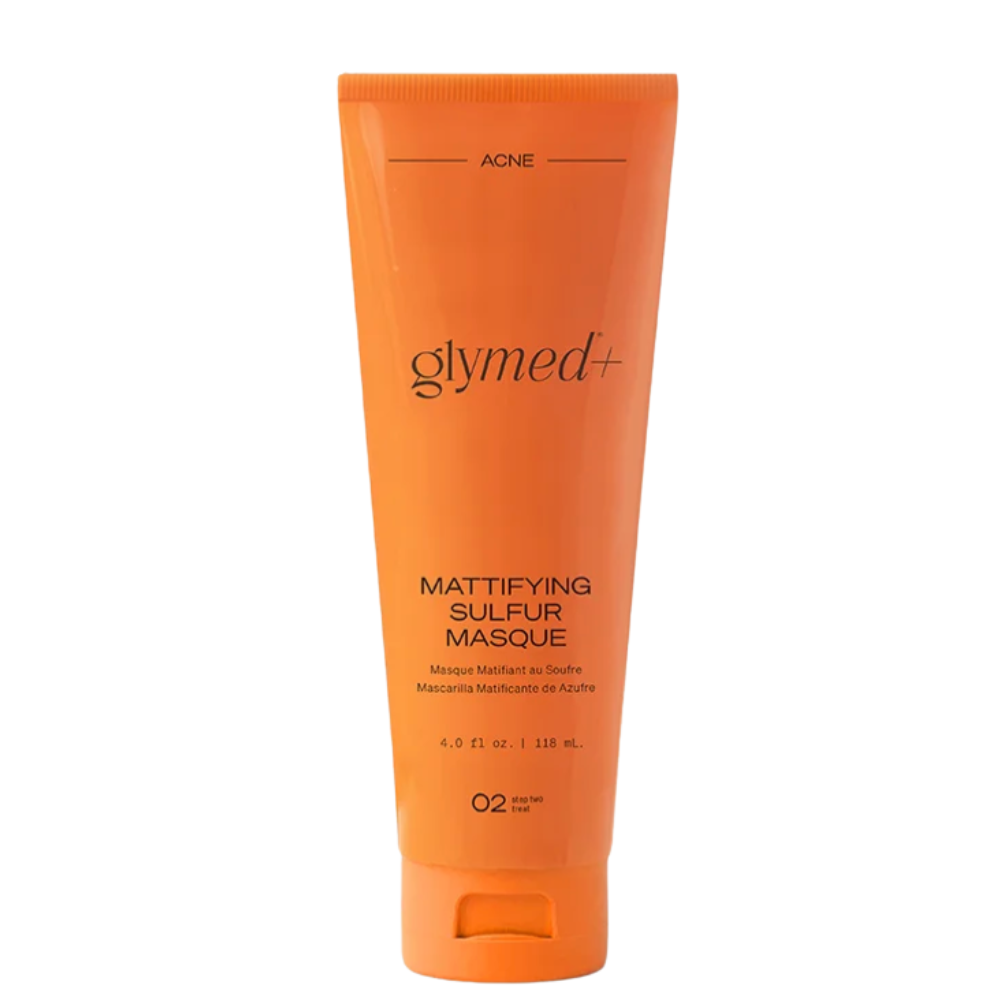 Orange tube of Glymed Mattifying Sulfur Masque on a white background
