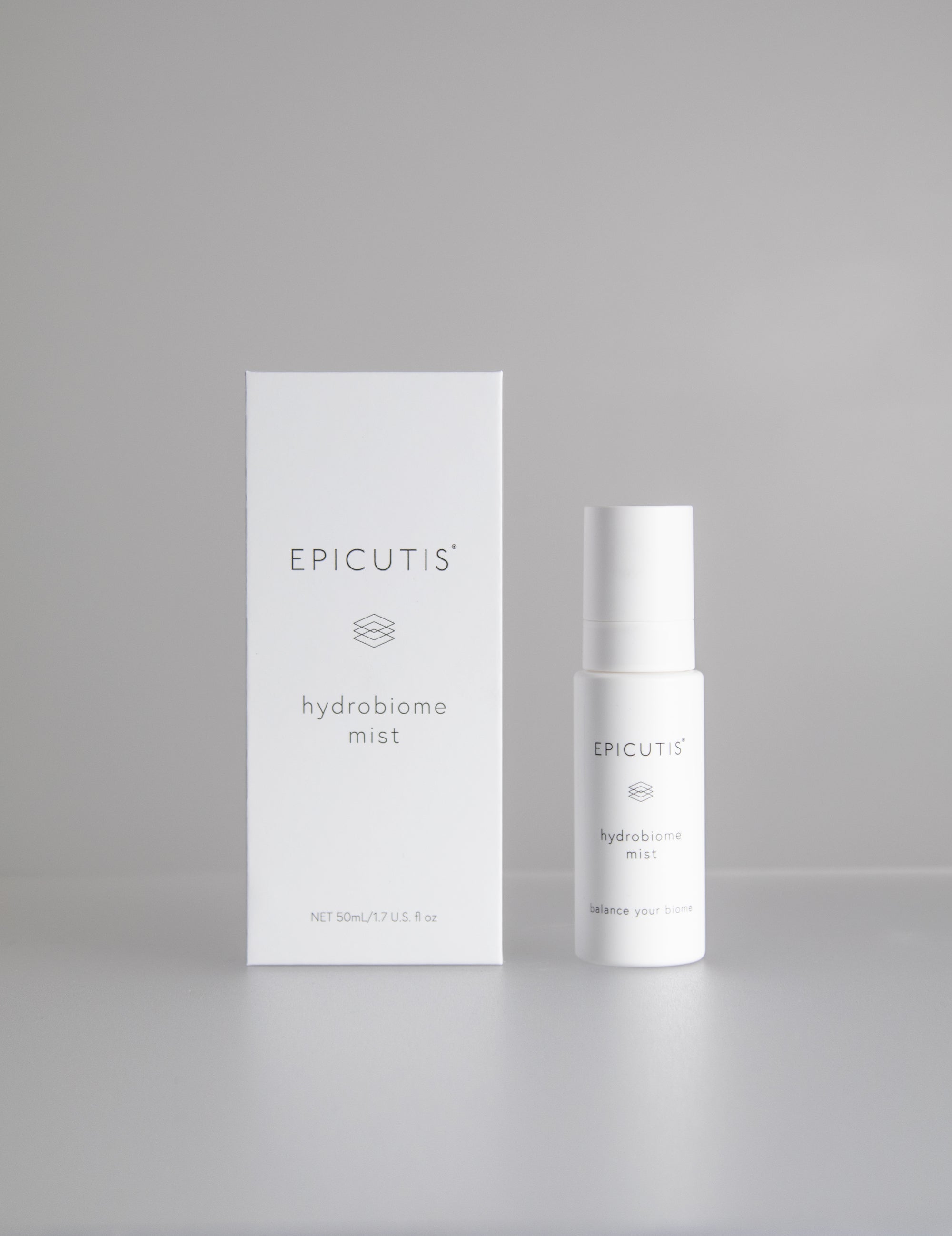 Epicutis - Hydrobiome Mist and box on gray background