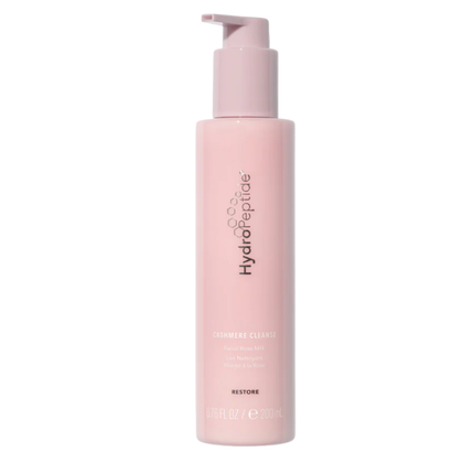 Pink bottle with pump labeled 'HydroPeptide' on a white background