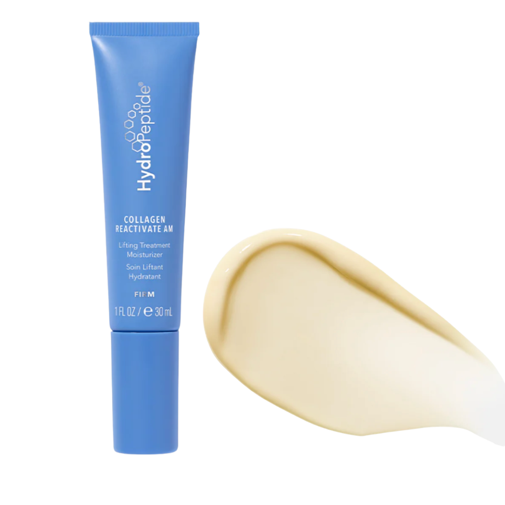 Blue skincare tube labeled 'HydroPeptide' Collagen Reactive Am lifting treatment moisturizer with a smear of the nimni cream on a white background