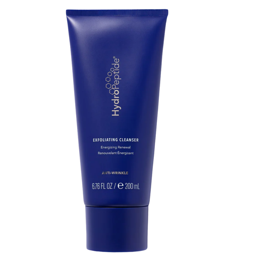 Blue tube of Exfoliating Cleanser with 'HydraRepeal' branding on a white background