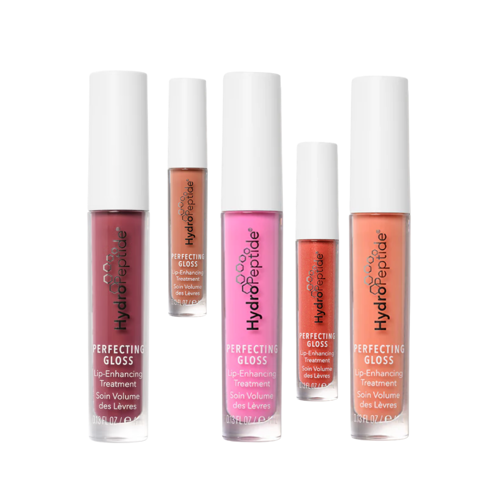Set of HydroPeptide Perfecting Gloss lip glosses on a white background