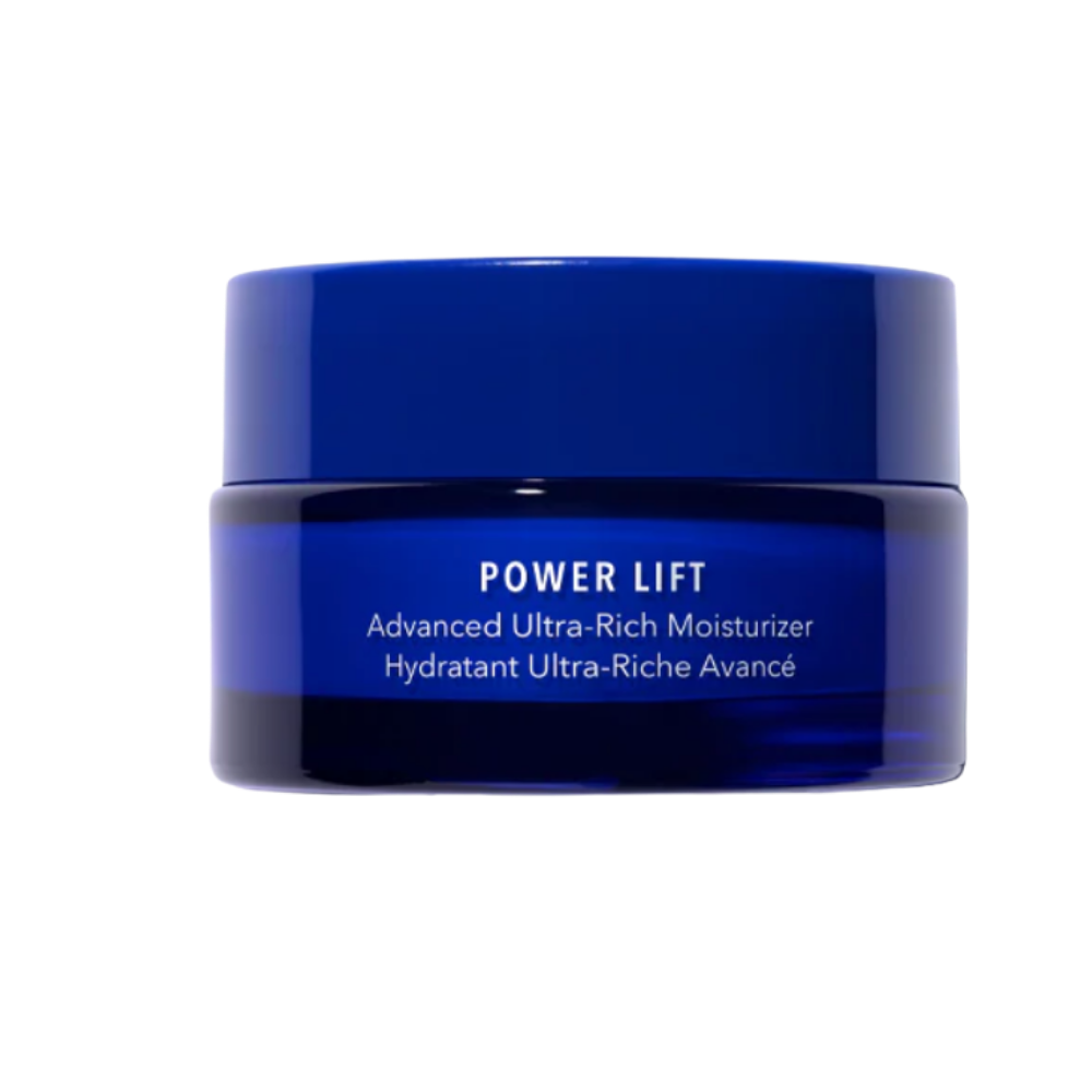 Blue jar of Power Lift Advanced Ultra-Rich Moisturizer on a white background