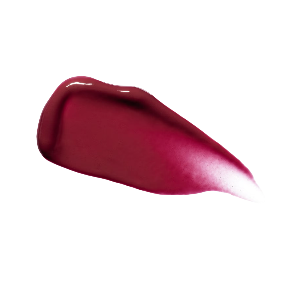 A rich berry red lip gloss swatch on a white background