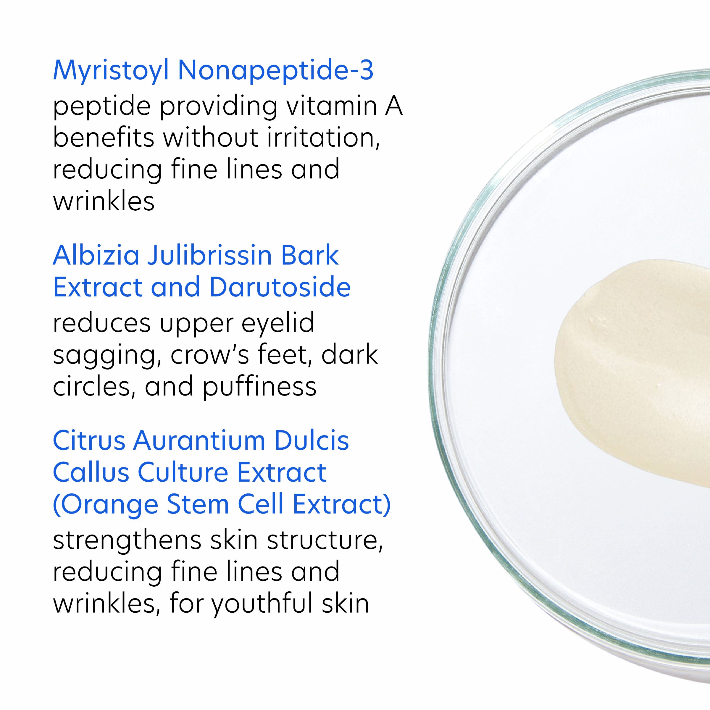 Glass container with a white cream and text about skincare ingredients on a white background