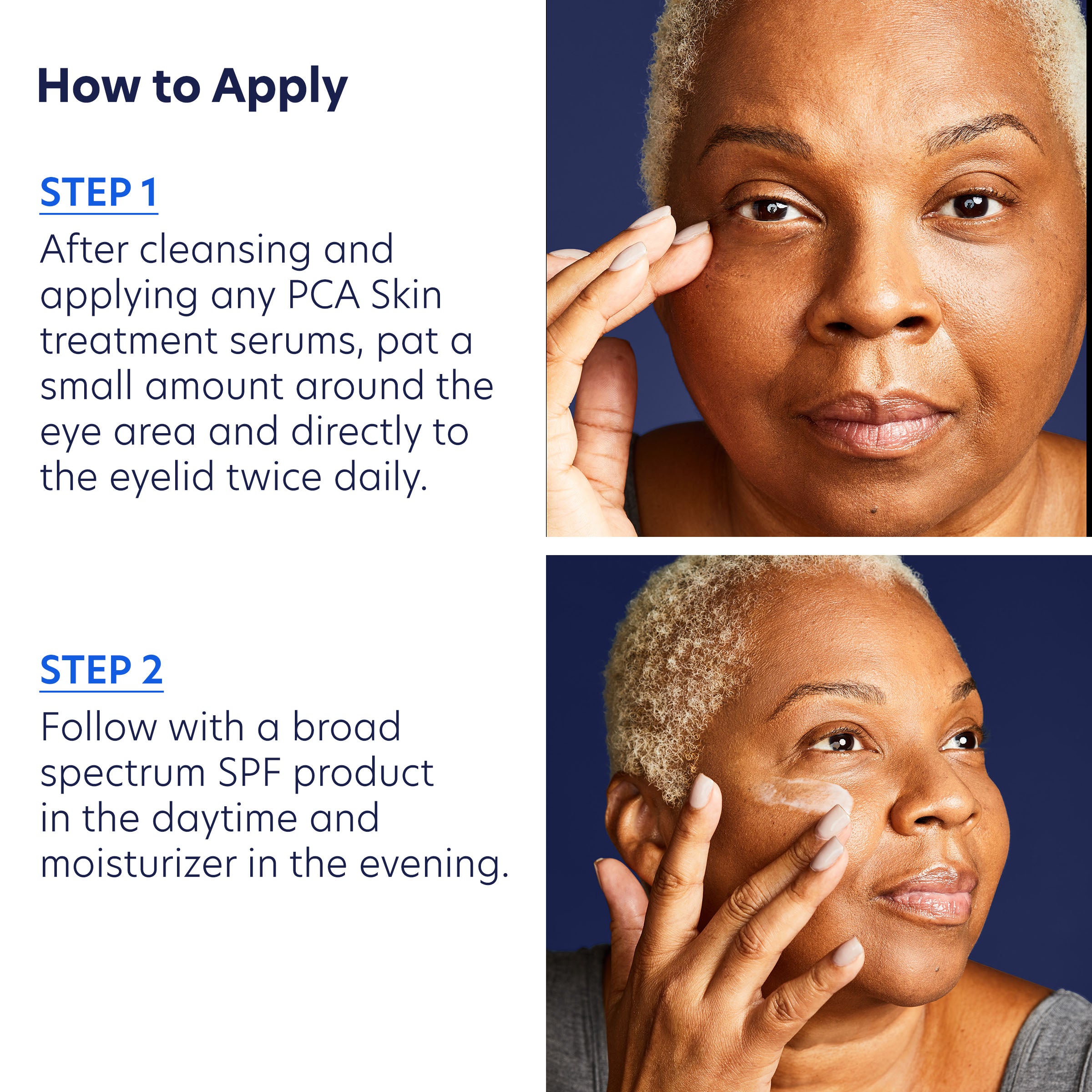 PCA Skin treatment application instructions with a woman applying product to her face.