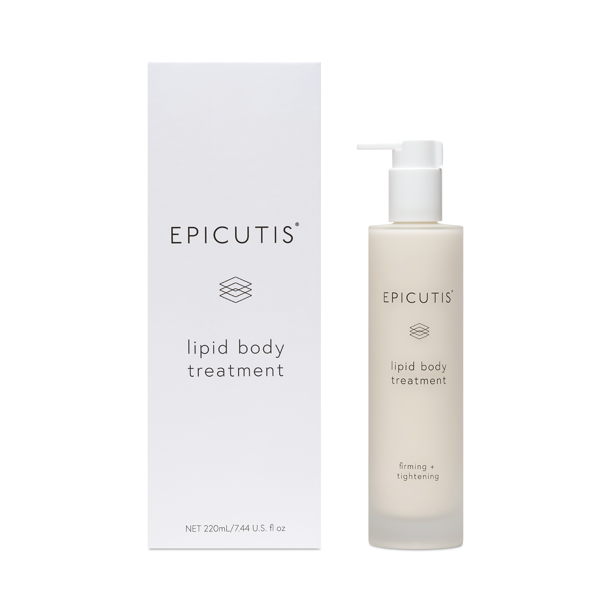 Epicutis lipid body treatment bottle and packaging on a white background