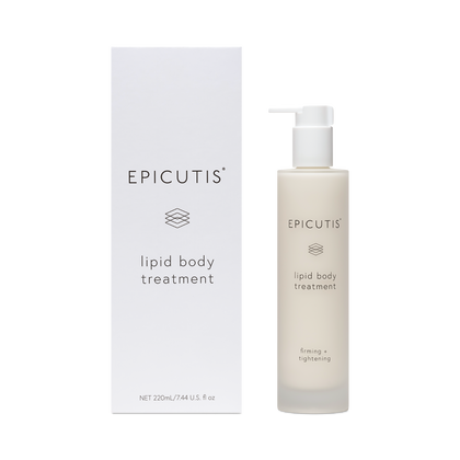 Epicutis lipid body treatment bottle and packaging on a white background